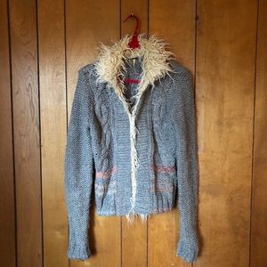 FREE PEOPLE Fuzzy Fur Collar Gray Cardigan